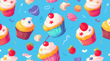 Pattern with cupcakes and sweets on a blue background
