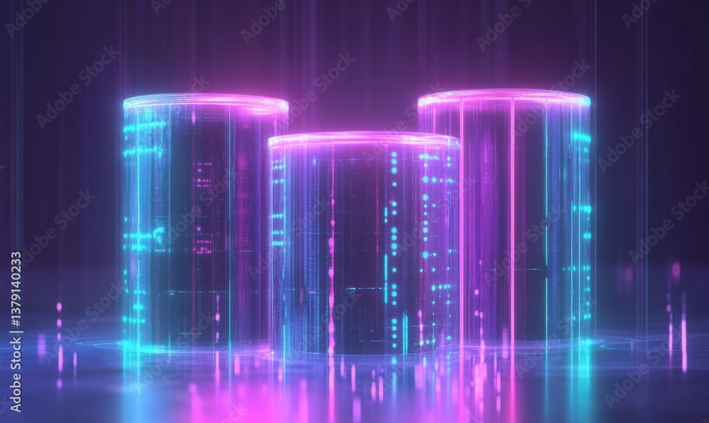 Poster cloud computing data base technology concept with glowing holographic structures