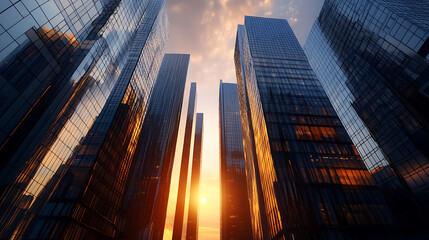 Cluster of skyscrapers reaches for the sky, their glass facades reflecting the setting sun
