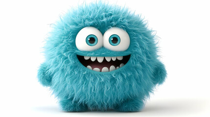Obraz premium Cute Blue Fluffy Monster Character with Smiling Expression and White Background