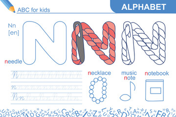 Letter N. Alphabet. Fun ABC for kids. Learning English. Needle with thread. Writing practice and coloring task page. Worksheet for school or home. Sketch vector illustration