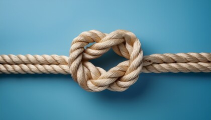 Fototapeta premium intricate knot tied in thick rope against a soft blue backdrop