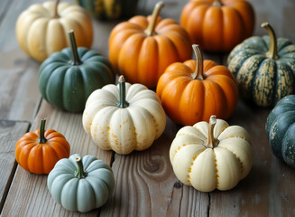 assortment of small pumpkins in varying colors and shapes arranged on a rustic wooden surface