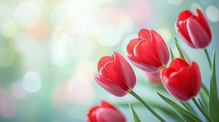 Obraz premium Red Tulips Close Up in Vase with Bokeh Light Background