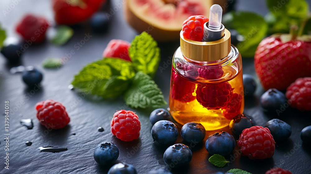 Aufkleber container filled with liquid used for vaping, containing flavored e-liquid infused with berries and 