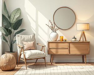 mid-century modern living room with wooden armchair and cabinet