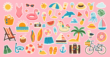 A collection of stickers featuring various beach and summer-related items such as umbrellas, boats, and sunglasses