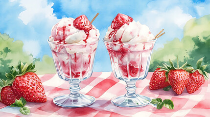 Picnic setting with strawberry sundaes as the centerpiece, watercolor illustration, perfect for nursery art, ice cream in glass classic sundae cup