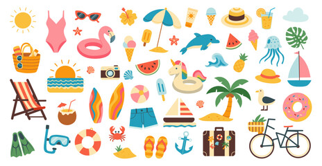 A collection of beach and pool items including a chair, a surfboard, a bicycle, a boat, a suitcase, a hat, a camera, a bottle, a cup, a bowl, a donut, a watermelon, a pineapple,