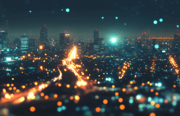 Fototapeta premium Night city skyline aerial view with illuminated buildings and traffic lights cityscape urban landscape