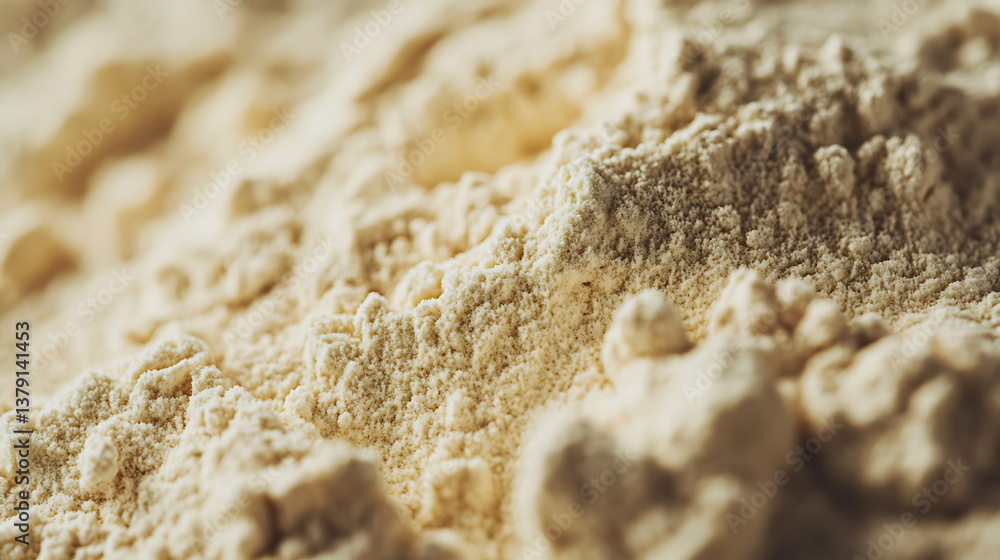 Poster detailed closeup image showcasing a whey protein powder, emphasizing the texture and color of the su