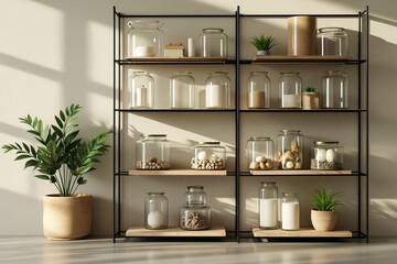 minimalist home decor shelf showcasing various glass jars and potted plants