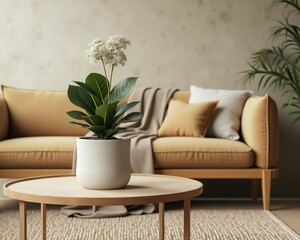 white flowered plant in a white pot on a wooden coffee table in a living room