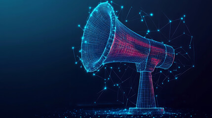 Digital marketing low poly wireframe illustration, internet targeted advertisement mesh art, a 3d computer and megaphone with connected dots, promotional campaign