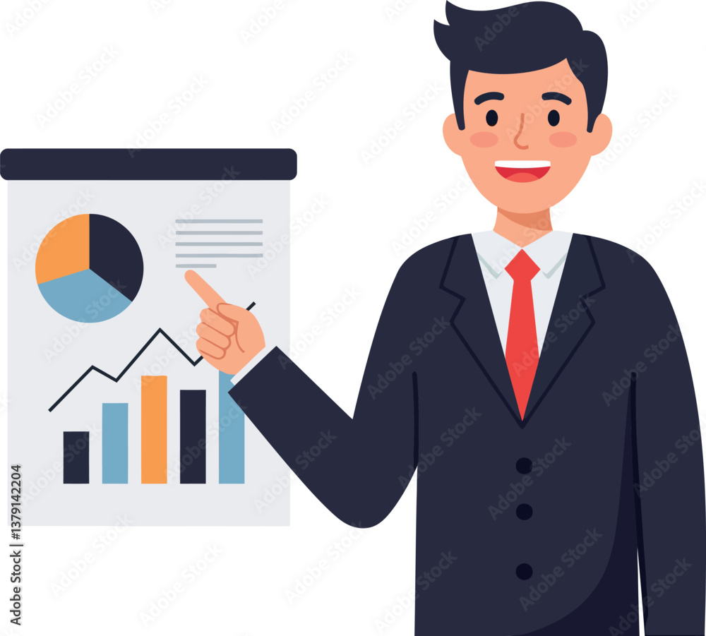 Aufkleber businessman presenting a report with graphs and charts in a flat vector illustration
