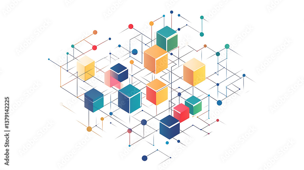 Poster Simple line drawing of an isometric network with colorful blocks and dots connecting them, on a white background