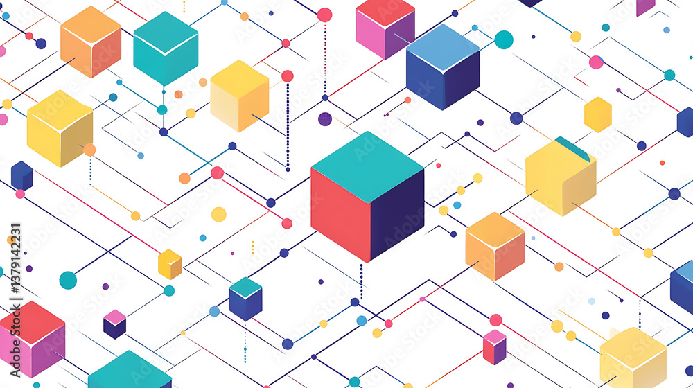 Poster Simple line drawing of an isometric network with colorful blocks and dots connecting them, on a white background