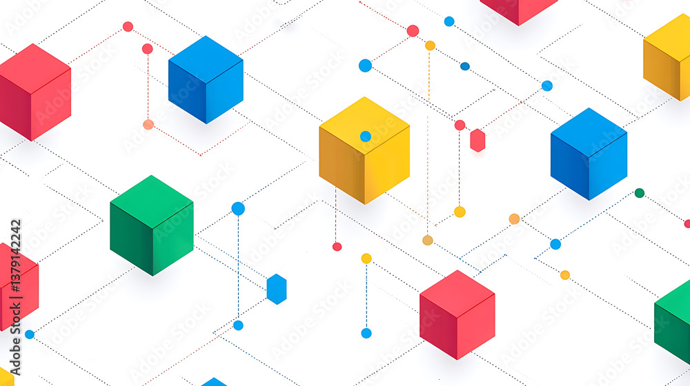 Poster simple line drawing of an isometric network with colorful blocks and dots connecting them, on a whit