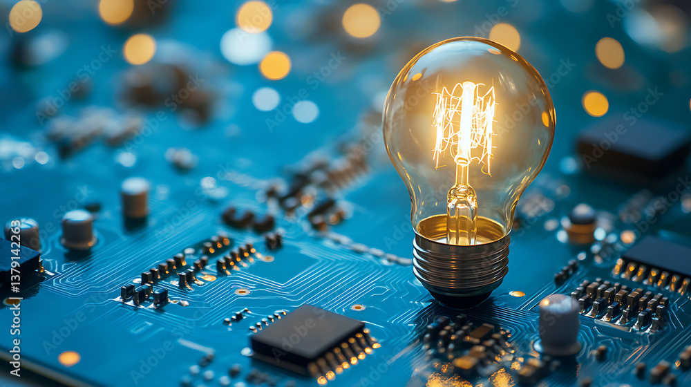 Poster circuit board with light bulb on blue background with copyspace, innovation concept