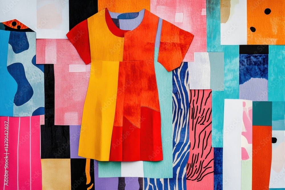 Poster vibrant abstract clothing shapes in bold cut-out style with playful textures and layering form an ar