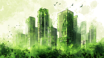 Sketch of an isolated green buildings promoting walkability and clean public infrastructure, the sustainable urbanism design highlighting a carbon-neutral, eco-friendly architecture