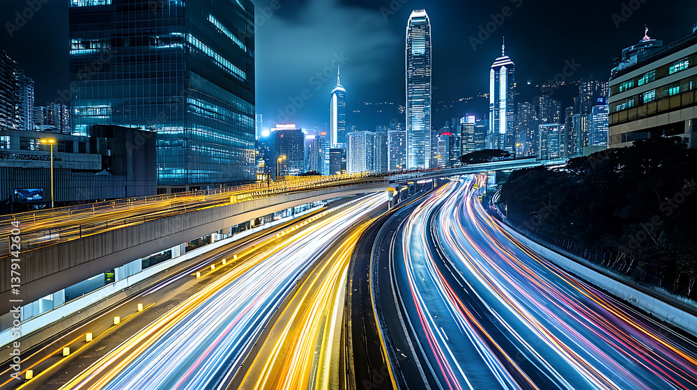 Poster Dynamic cityscape with light trails representing fast movement on the highway