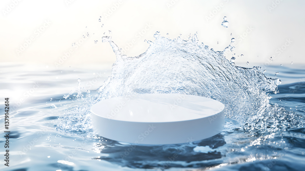 Aufkleber Flat lay cosmetic mockup with a clear white circle podium on a transparent calm water texture while a splash and wave are reflected in the sunlight, abstract nature background for product