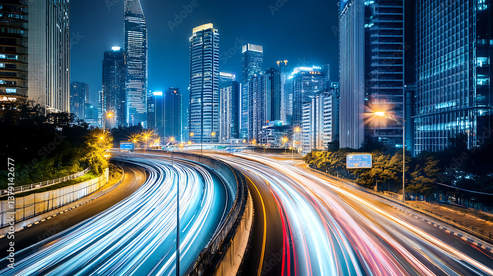 Aufkleber Dynamic cityscape with light trails representing fast movement on the highway