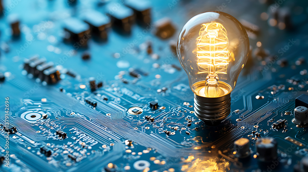 Poster circuit board with light bulb on blue background with copyspace, innovation concept