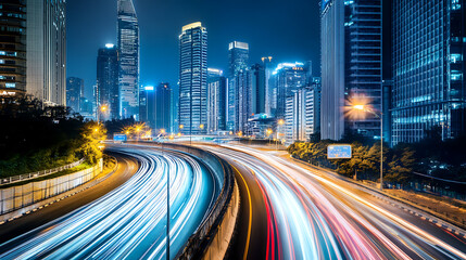 Fototapeta premium Dynamic cityscape with light trails representing fast movement on the highway