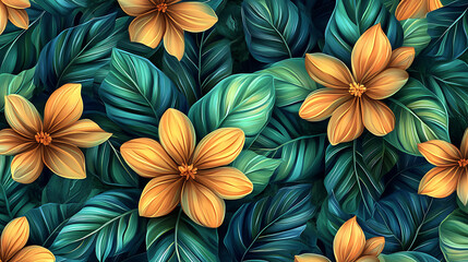 Flower with many leaves is depicted on the canvas, watercolor seamless pattern, hand-drawn brush colors, pattern, 3d illustration