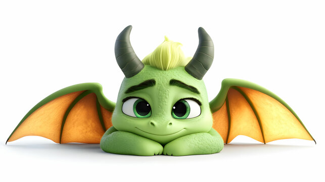 Cute Green Dragon Cartoon Character Resting with Orange Wings and Yellow Spikes on White Background Animal Illustration