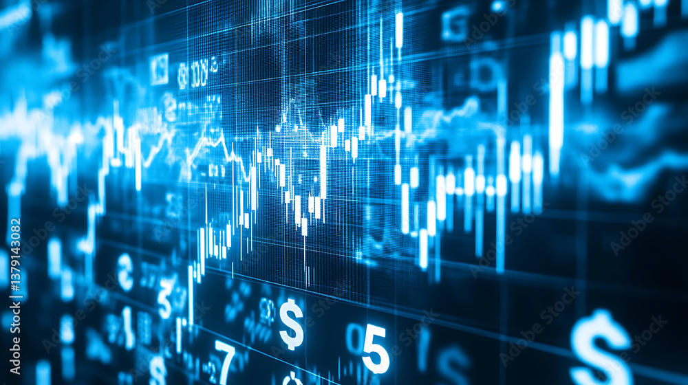 Poster stock market background with dollar signs and financial charts in a blue color scheme, with white nu