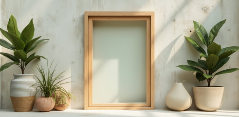 Fototapeta premium three potted plants with various textures arranged around a light wooden frame against a textured wall