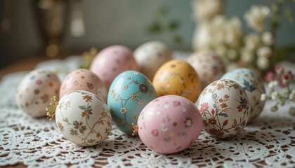 Obraz premium A vintage-inspired image of Easter eggs displayed on a lace tablecloth