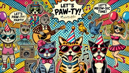 Cats, dogs and birds enjoying paw ty in pop art style
