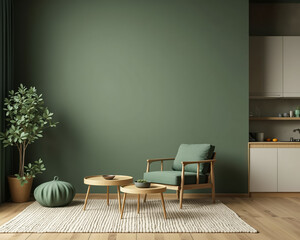 green armchair and wooden side tables arranged in a calm living room setting