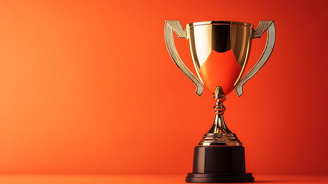Classic gold trophy cup displayed on orange backdrop, achievement and recognition theme