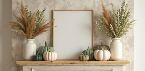 autumnal mantel decor with pumpkins pampas grass and eucalyptus