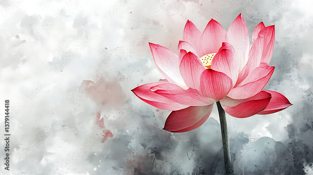 Poster watercolor close-up of a lotus flower is painted on a white canvas, 3d rendering