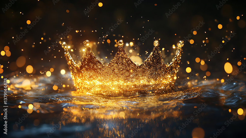 Poster golden crown with shining particles is floating in the air