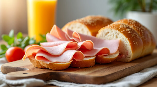 close-up of slices of ham on artisan bread rolls