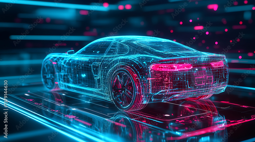 Poster hologram of a car in the hud ui style, futuristic service, scanning and automatic data analysis, car