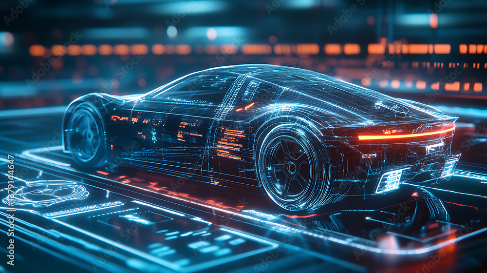 Poster Hologram of a car in the hud ui style, futuristic service, scanning and automatic data analysis, car development, 3d illustration