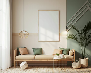 beige couch in a minimalist living room interior with green accents