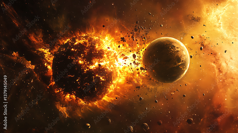 Fototapete image of a two massive planets colliding in space causing a massive explosion, planet in space, expl
