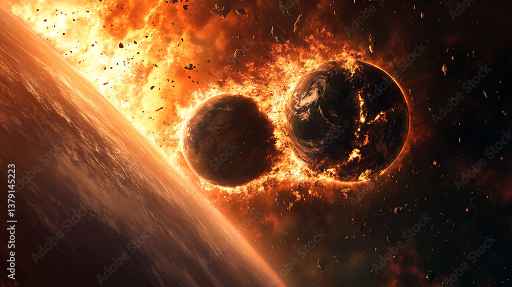 Aufkleber image of a two massive planets colliding in space causing a massive explosion, planet in space, expl