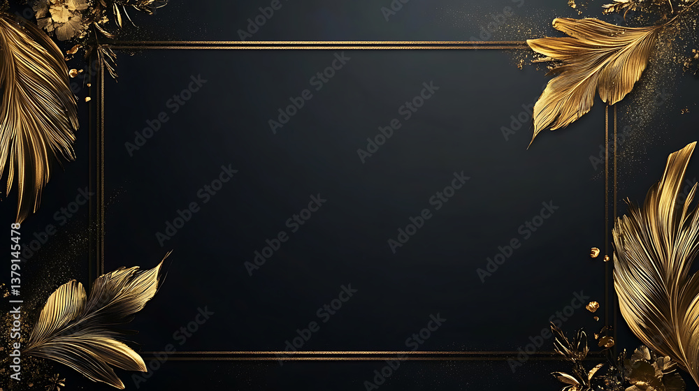 Aufkleber Large gold rectangular frame on the right side of an empty black background with golden decorative elements