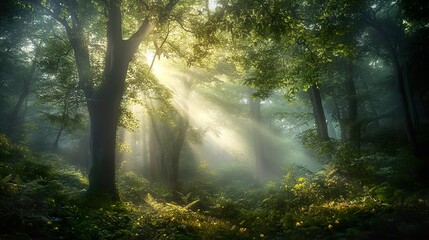 Obraz premium Explore the Magical Beauty of a Forest at Dawn: Discover the Mysteries and Wonders Hidden in Nature's Morning Glow
