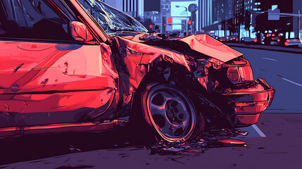 Close-up of a crashed car on the side of the road in the city, illustration